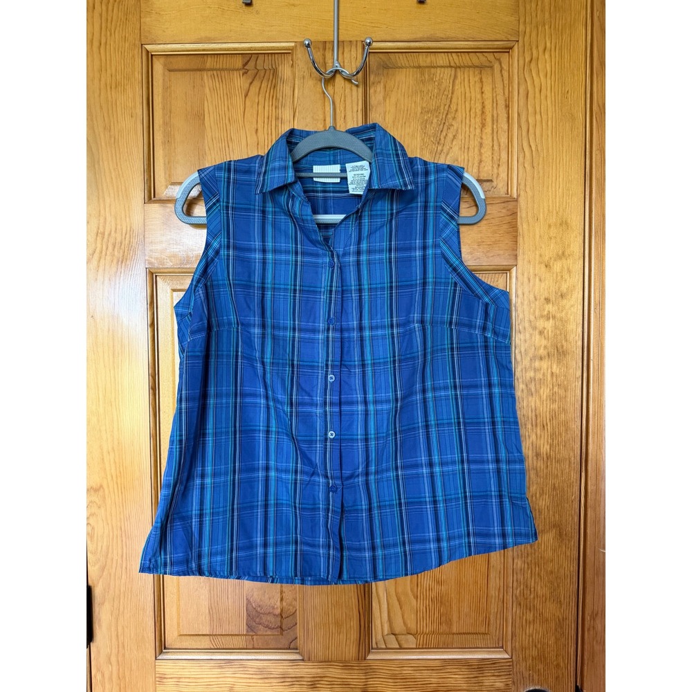 White Stag Womens Retro Blue Plaid Sleeveless Button Down Shirt Large 12-14